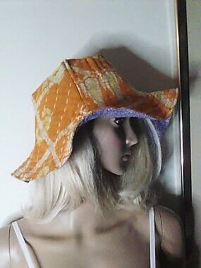 Kantha Sun Hat Tangerine Lilac Calico M-L Reversible Bucket Hat Handmade  KS2.